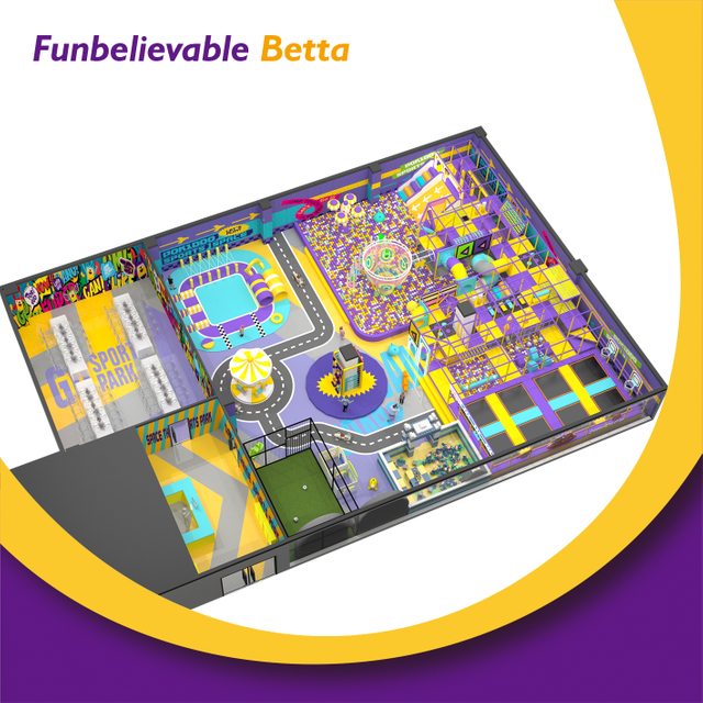 Bettaplay 2025新设计570平方米商业儿童玩乐园与蹦床大满贯扣篮，攀岩岩壁，巨大的球坑多游戏室内